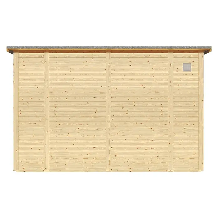 Bertilo Gerätehaus Pentus 3 Office - Außenmaß inkl. Dachüberstand (B x T): 359 x 265 cm, Holz, Natur - Ansicht einer Holzwand mit waagerechten Brettern und senkrechten Stützbalken, sowie einem Lüftungsgitter oben rechts.