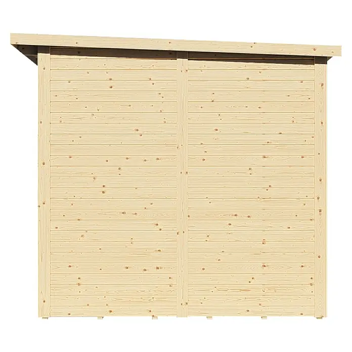 Bertilo Gerätehaus Pentus 3 Office - Außenmaß inkl. Dachüberstand (B x T): 359 x 265 cm, Holz, Natur - Einblick in die Holzkonstruktion eines modernen Gerätehauses, das mit seiner natürlichen Holzoptik und dem schrägen Dachdesign besticht.