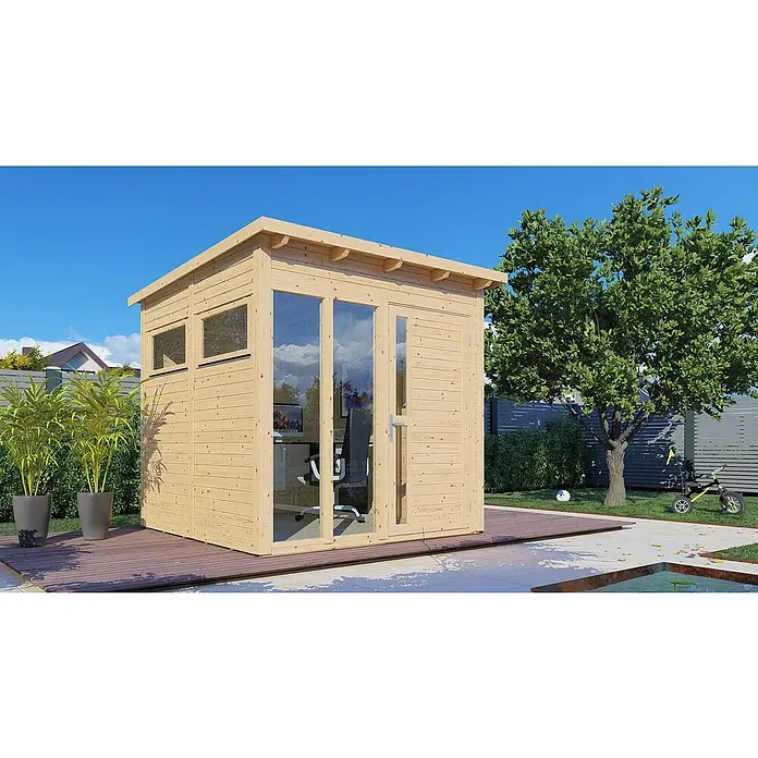 Bertilo Gerätehaus Pentus 2 Lux - Außenmaß inkl. Dachüberstand (B x T): 247 x 265 cm, Holz, Natur - Holzgartenhaus mit Fenster und Tür, ideal als Büro oder Gästezimmer im Freien. Natürliches Design für jeden Garten.