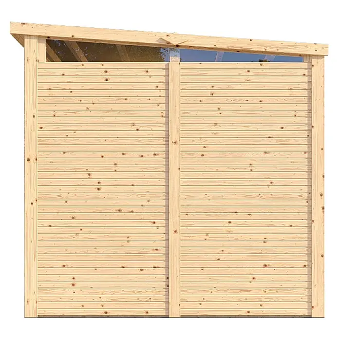Bertilo Gerätehaus Woodline - Außenmaß inkl. Dachüberstand (B x T): 226 x 240 cm, Holz, Natur - Abbildung einer Holzwand mit Dach, ideal für den Außenbereich. Das Produkt zeichnet sich durch seine natürliche Holzoptik und robuste Bauweise aus.