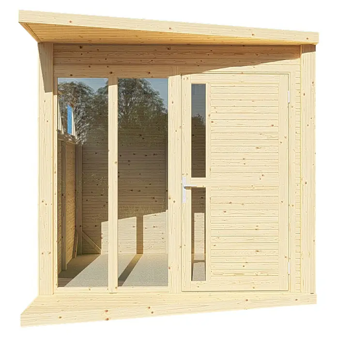 Bertilo Gartenhaus Concept Office - Außenmaß inkl. Dachüberstand (B x T): 237 x 310 cm, Holz, Natur - Ein Holzgartenhaus mit einer Glastür und einem Fenster für zusätzliches natürliches Licht. Die ideale Ergänzung für jeden Garten.
