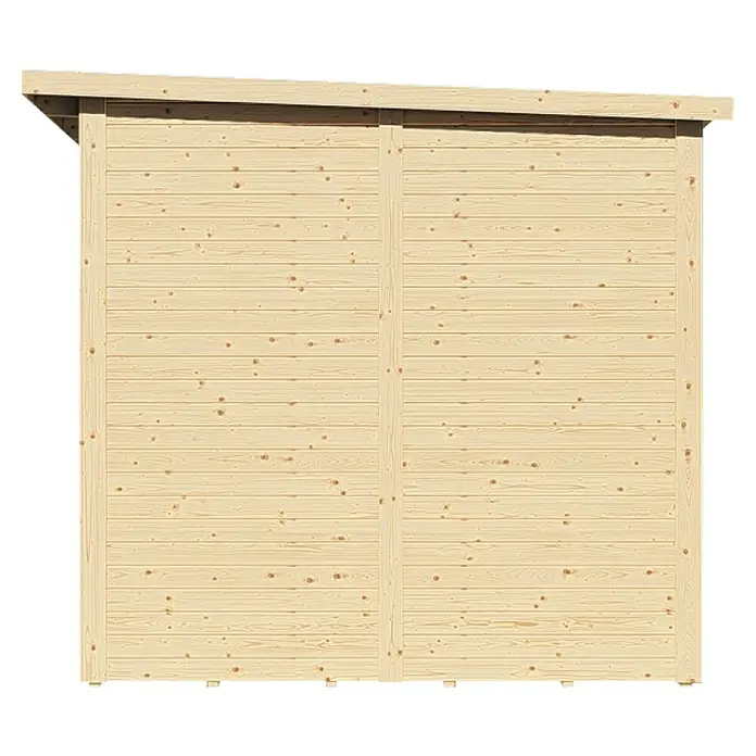 Bertilo Gerätehaus Pentus 2 Lux - Außenmaß inkl. Dachüberstand (B x T): 247 x 265 cm, Holz, Natur - Seitenansicht eines Holzschuppens mit horizontaler Bretterverkleidung und einem leicht geneigten Dach, ideal für die Gartengeräteaufbewahrung.