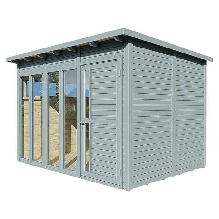 Bertilo Gartenhaus Pentus 3 Office - Außenmaß inkl. Dachüberstand (B x T): 359 x 265 cm, Holz, Hellgrau, Weiß - Ein modernes, graues Gartenhaus mit großen Glasfenstern und einer Tür, ideal für den Garten oder als zusätzlicher Wohnraum.