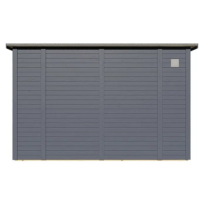Bertilo Gartenhaus Pentus 3 Office - Außenmaß inkl. Dachüberstand (B x T): 359 x 265 cm, Holz, Anthrazit - Ansicht eines modernen, grau gestrichenen Holzgartenschuppens mit horizontaler Verkleidung und quadratischem Lüftungsgitter, ideal für den Garten.