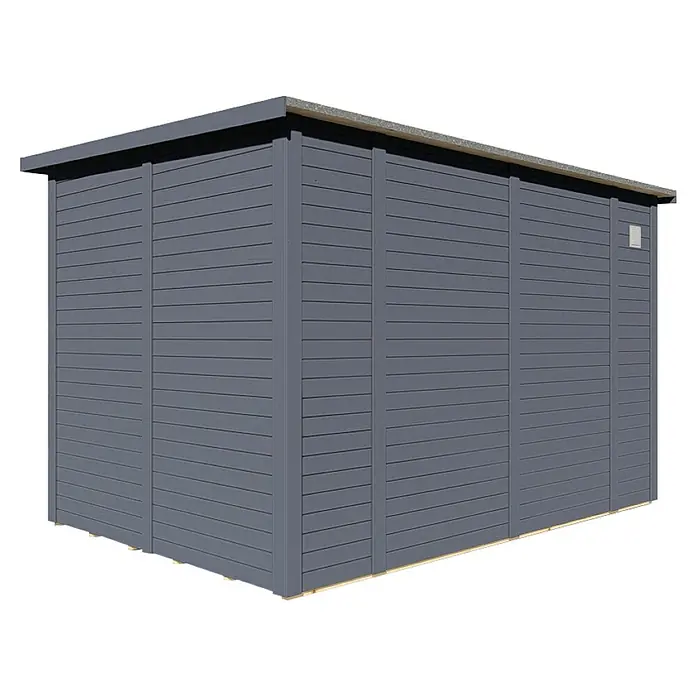 Bertilo Gartenhaus Pentus 3 Office - Außenmaß inkl. Dachüberstand (B x T): 359 x 265 cm, Holz, Anthrazit - Außenansicht eines grauen Gartenhauses mit horizontaler Holzverkleidung und Flachdach.