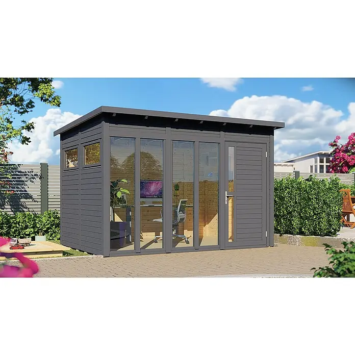 Bertilo Gartenhaus Pentus 3 Office - Außenmaß inkl. Dachüberstand (B x T): 359 x 265 cm, Holz, Anthrazit - Modernes Gartenbüro mit großen Fensterfronten, die viel Tageslicht hereinlassen. Ideal für konzentriertes Arbeiten im Grünen.