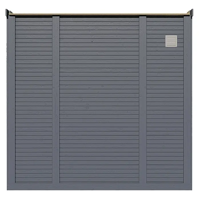 Bertilo Gartenhaus Concept Office - Außenmaß inkl. Dachüberstand (B x T): 237 x 310 cm, Holz, Anthrazit - Graue Holzwand mit horizontalen Brettern und senkrechten Stützbalken. Ein kleines, quadratisches Lüftungsgitter befindet sich rechts oben an der Wand.