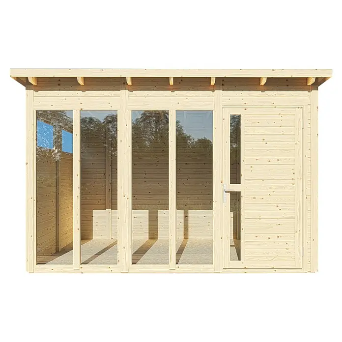 Bertilo Gerätehaus Pentus 3 Office - Außenmaß inkl. Dachüberstand (B x T): 359 x 265 cm, Holz, Natur - Ein helles Holzgartenhaus mit großen Fenstern und einer Tür. Ideal für den Garten, um eine ruhige Ecke zu schaffen.