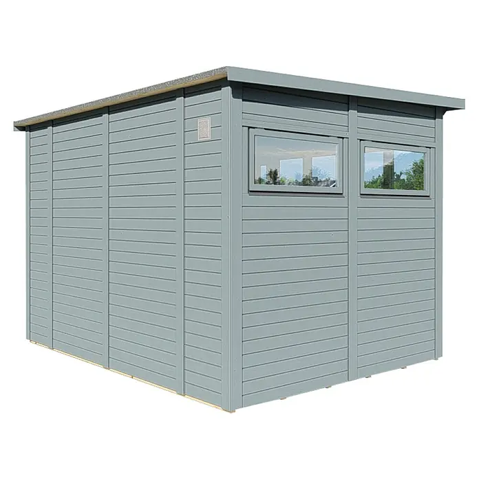 Bertilo Gartenhaus Pentus 3 Office - Außenmaß inkl. Dachüberstand (B x T): 359 x 265 cm, Holz, Hellgrau, Weiß - Eine moderne graue Gartenlaube mit Fenster und Holzpaneelen. Ideal für den Garten.