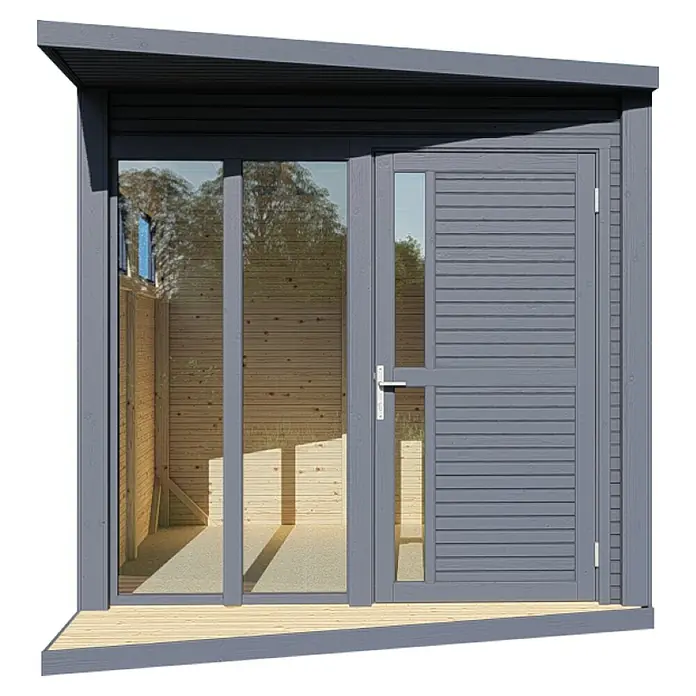 Bertilo Gartenhaus Concept Office - Außenmaß inkl. Dachüberstand (B x T): 237 x 310 cm, Holz, Anthrazit - Eine graue Gartensauna mit Glasfront und Holztür mit Fenster bietet einen Einblick in den hellen Innenraum.