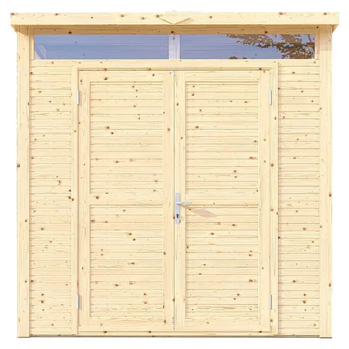 Bertilo Gerätehaus Woodline - Außenmaß inkl. Dachüberstand (B x T): 226 x 240 cm, Holz, Natur - Die Fassade eines Gartenhauses mit Doppeltür und Fensterband bietet einen hellen und freundlichen Anblick.