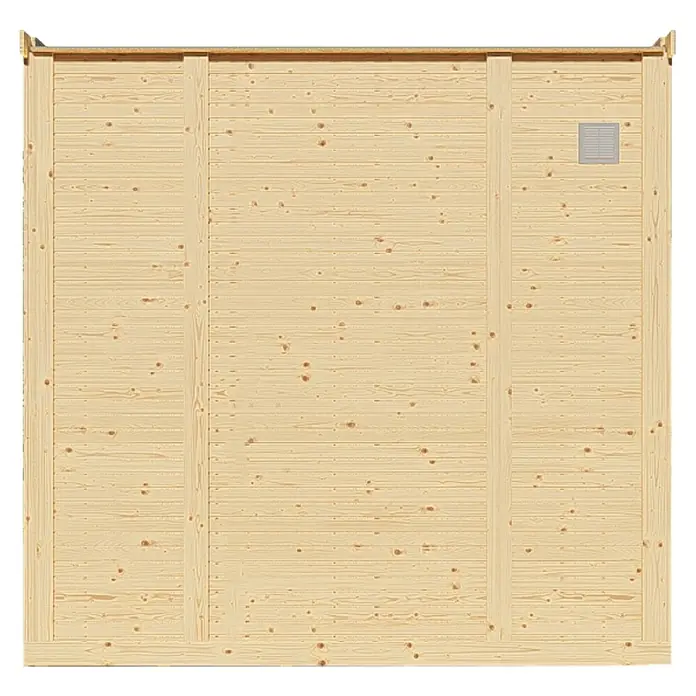 Bertilo Gartenhaus Concept Office - Außenmaß inkl. Dachüberstand (B x T): 237 x 310 cm, Holz, Natur - Detailaufnahme einer hellen Holzsaunawand mit schmalen horizontalen Brettern, vertikalen Stützen und einem kleinen quadratischen Lüftungsgitter.