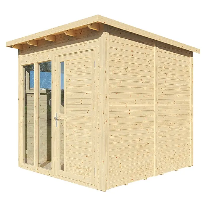 Bertilo Gerätehaus Pentus 2 Lux - Außenmaß inkl. Dachüberstand (B x T): 247 x 265 cm, Holz, Natur - Außenansicht eines Holzgartenhauses mit Fenstern und Tür, das sich ideal für die Lagerung oder als Hobbyraum eignet.