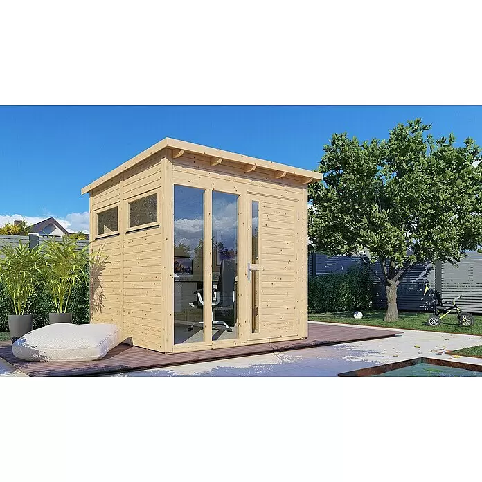 Bertilo Gerätehaus Pentus 2 Lux - Außenmaß inkl. Dachüberstand (B x T): 247 x 265 cm, Holz, Natur - Gartenbüro aus hellem Holz mit großen Glastüren und Fenstern, als Arbeitsbereich im Garten genutzt.