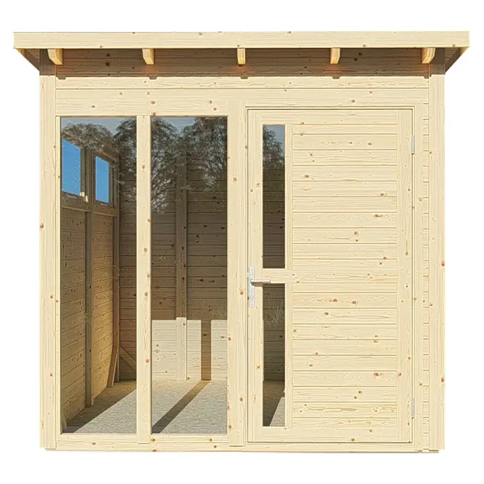 Bertilo Gerätehaus Pentus 2 Lux - Außenmaß inkl. Dachüberstand (B x T): 247 x 265 cm, Holz, Natur - Ein helles, hölzernes Gartenhaus mit Glastüren und Fenstern, das eine einladende und moderne Struktur im Außenbereich bietet.