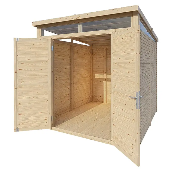 Bertilo Gerätehaus Woodline - Außenmaß inkl. Dachüberstand (B x T): 226 x 240 cm, Holz, Natur - Abbildung eines offenen Holzschuppens mit Doppeltüren, der eine praktische und robuste Aufbewahrungslösung für den Außenbereich bietet.