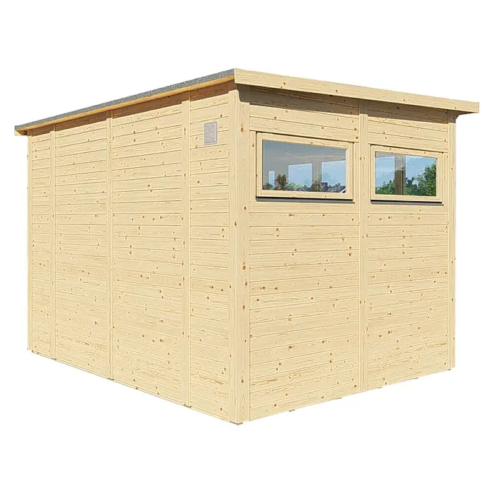 Bertilo Gerätehaus Pentus 3 Office - Außenmaß inkl. Dachüberstand (B x T): 359 x 265 cm, Holz, Natur - Ein modernes Gartenhaus aus Holz mit zwei Fenstern, das sich ideal für Lagerung oder als Hobbyraum eignet. Die helle Holzoptik fügt sich gut in jeden Garten ein.