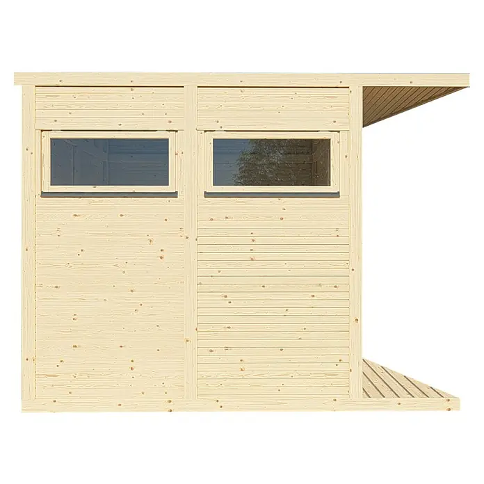 Bertilo Gartenhaus Concept Office - Außenmaß inkl. Dachüberstand (B x T): 237 x 310 cm, Holz, Natur - Detailansicht eines Holzgartenhauses mit Fenstern und überdachtem Bereich, das die natürliche Holzstruktur und das Design hervorhebt.