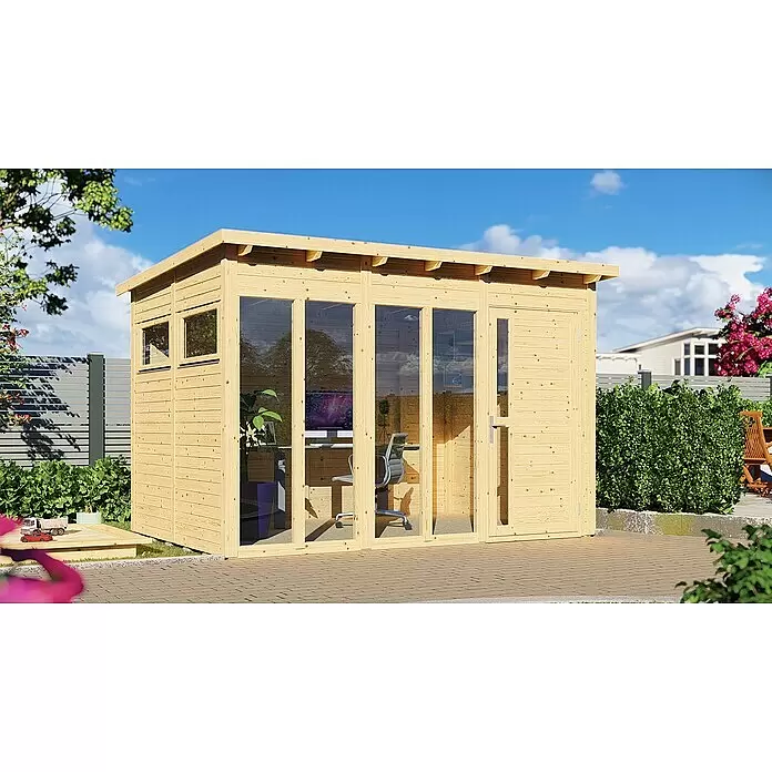 Bertilo Gerätehaus Pentus 3 Office - Außenmaß inkl. Dachüberstand (B x T): 359 x 265 cm, Holz, Natur - Gartenbüro aus hellem Holz mit großen Glaspaneelen und Seitentür.