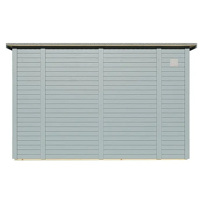 Bertilo Gartenhaus Pentus 3 Office - Außenmaß inkl. Dachüberstand (B x T): 359 x 265 cm, Holz, Hellgrau, Weiß - Seitenansicht eines hellblau gestrichenen Holzgartenhauses mit horizontalen Brettern und senkrechten Verstrebungen.