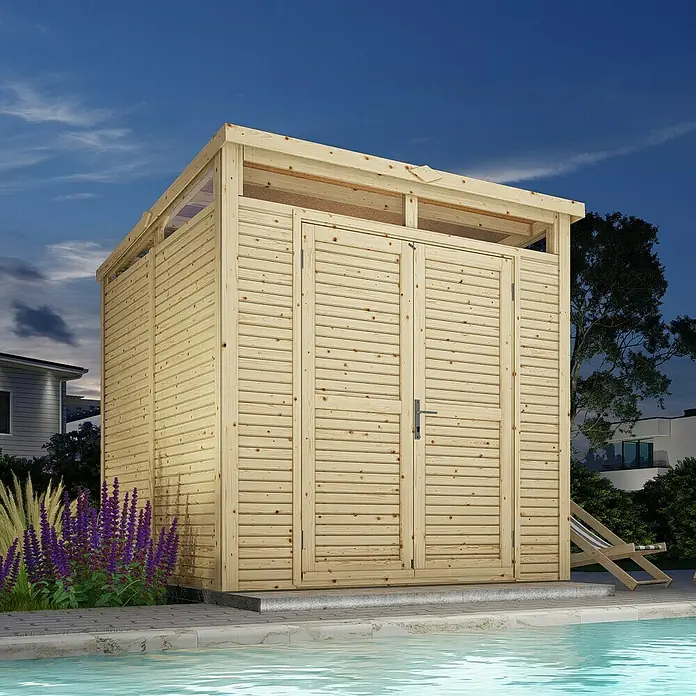 Bertilo Gerätehaus Woodline - Außenmaß inkl. Dachüberstand (B x T): 226 x 240 cm, Holz, Natur - Bild eines Holzschuppens mit Doppeltür, ideal für die Lagerung von Gartengeräten und Poolzubehör im Freien.