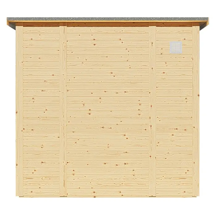Bertilo Gerätehaus Pentus 2 Lux - Außenmaß inkl. Dachüberstand (B x T): 247 x 265 cm, Holz, Natur - Außenansicht eines Holzschuppens mit einer kleinen Belüftungsöffnung. Die Holzverkleidung und das schlichte Design des Schuppens sind gut zu erkennen.