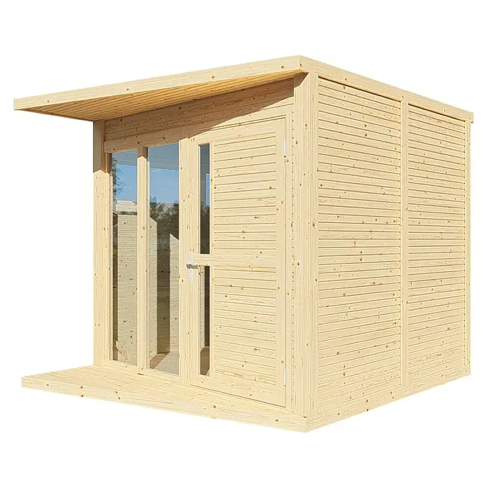 Bertilo Gartenhaus Concept Office - Außenmaß inkl. Dachüberstand (B x T): 237 x 310 cm, Holz, Natur - Außenansicht eines modernen Holzgartenhauses mit Glasfront und schlichtem Design, ideal für den Garten.