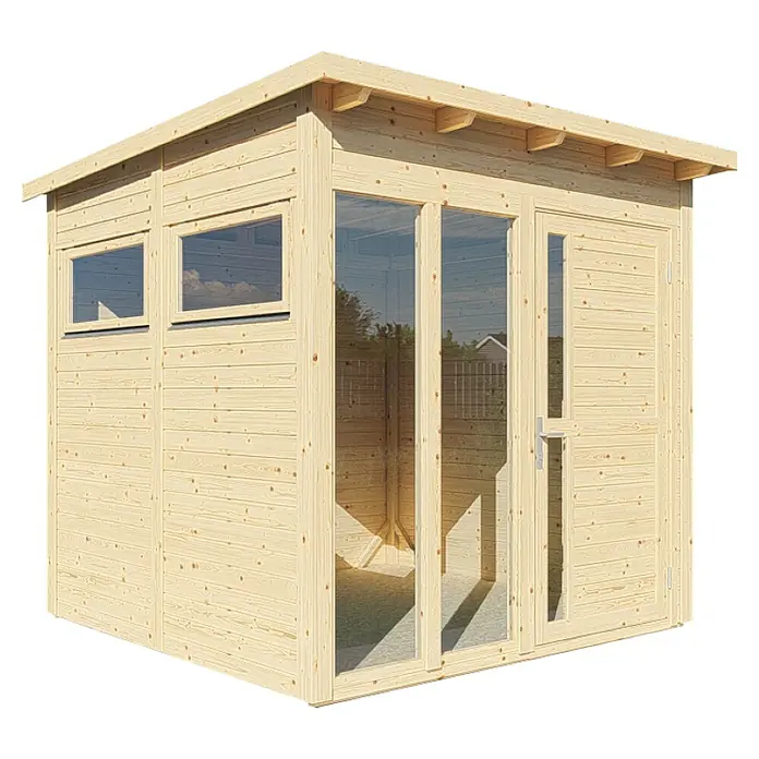 Bertilo Gerätehaus Pentus 2 Lux - Außenmaß inkl. Dachüberstand (B x T): 247 x 265 cm, Holz, Natur - Ein helles Holzgartenhaus mit Fenstern und Tür. Ideal für den Garten oder als zusätzlicher Wohnraum im Freien.