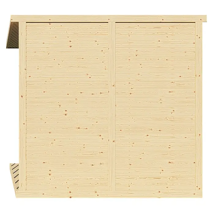 Bertilo Gartenhaus Concept Office - Außenmaß inkl. Dachüberstand (B x T): 237 x 310 cm, Holz, Natur - Holzwand einer Gartenhütte mit horizontaler Maserung und senkrechten Verstrebungen, ideal für den Außenbereich.