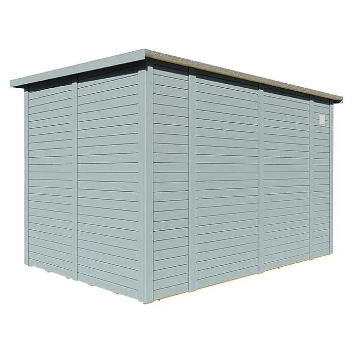 Bertilo Gartenhaus Pentus 3 Office - Außenmaß inkl. Dachüberstand (B x T): 359 x 265 cm, Holz, Hellgrau, Weiß - Die Aufnahme zeigt ein Gartenhaus mit horizontaler Holzverkleidung und einem flachen Dach in einer beruhigenden, neutralen Farbe.