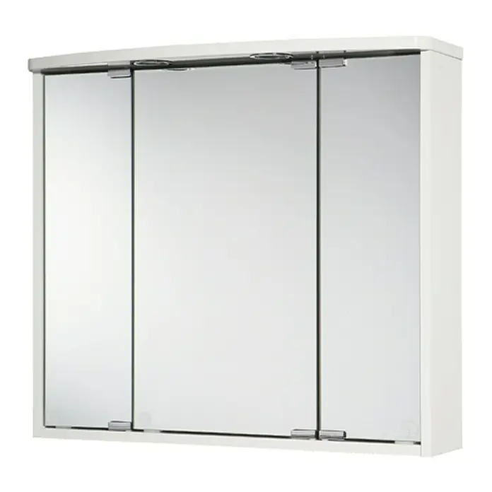Jokey LED-Spiegelschrank Lumo - B x H: 67,5 x 60 cm, Holz, Weiß - Ein weißer Spiegelschrank mit drei Spiegeltüren und verchromten Griffen, der für Badezimmer entworfen wurde.