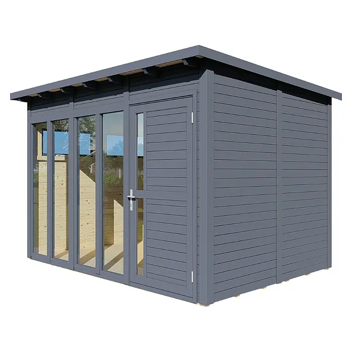 Bertilo Gartenhaus Pentus 3 Office - Außenmaß inkl. Dachüberstand (B x T): 359 x 265 cm, Holz, Anthrazit - Bild eines modernen Gartenhauses in Grau mit Fensterfront und Holztür, ideal für den Garten.
