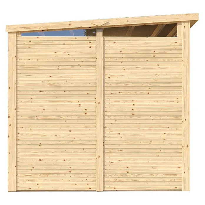 Bertilo Gerätehaus Woodline - Außenmaß inkl. Dachüberstand (B x T): 226 x 240 cm, Holz, Natur - Detailansicht eines Holzgartenhauses mit horizontalen Brettern und einem schrägen Dach, das natürliches Licht hereinlässt.
