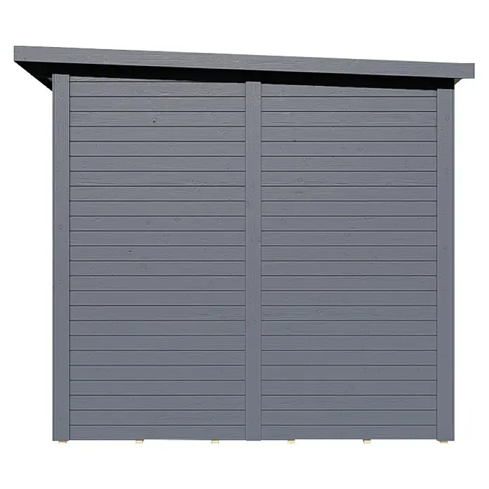 Bertilo Gartenhaus Pentus 3 Office - Außenmaß inkl. Dachüberstand (B x T): 359 x 265 cm, Holz, Anthrazit - Detailaufnahme eines grau gestrichenen Gartenhauses mit horizontaler Holzverkleidung und leicht geneigtem Dach.