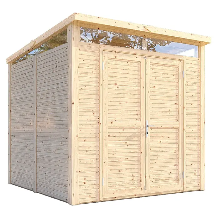 Bertilo Gerätehaus Woodline - Außenmaß inkl. Dachüberstand (B x T): 226 x 240 cm, Holz, Natur - Nahaufnahme eines Holzschuppens mit Doppeltüren und Oberlichtern, der natürliche Holzmaserungen und eine robuste Bauweise zeigt.