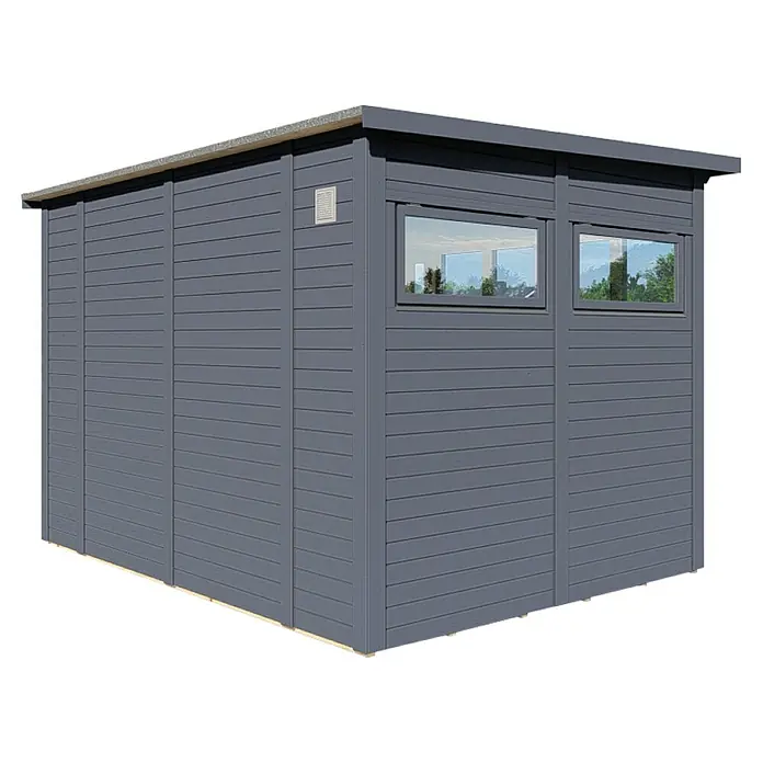 Bertilo Gartenhaus Pentus 3 Office - Außenmaß inkl. Dachüberstand (B x T): 359 x 265 cm, Holz, Anthrazit - Außenansicht eines modernen, anthrazitfarbenen Gartenhauses mit horizontaler Holzverkleidung, zwei Fenstern und einem Belüftungsgitter.