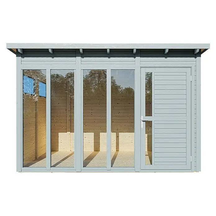 Bertilo Gartenhaus Pentus 3 Office - Außenmaß inkl. Dachüberstand (B x T): 359 x 265 cm, Holz, Hellgrau, Weiß - Modernes, graues Gartenhaus mit großen Fensterflächen und einer Tür, ideal für den Garten. Das Gartenhaus bietet viel Licht und einen schönen Rückzugsort.