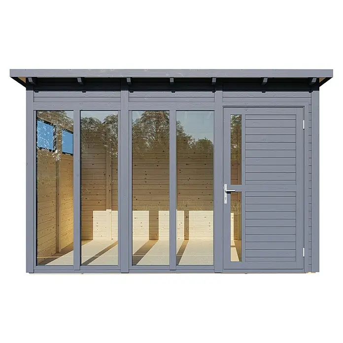 Bertilo Gartenhaus Pentus 3 Office - Außenmaß inkl. Dachüberstand (B x T): 359 x 265 cm, Holz, Anthrazit - Moderne Gartenlaube mit großen Fenstern und einer Tür in Grautönen. Die Holzkonstruktion bietet einen hellen und freundlichen Raum im Freien.