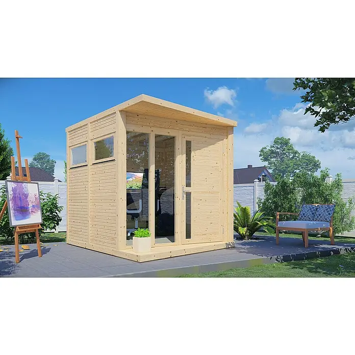 Bertilo Gartenhaus Concept Office - Außenmaß inkl. Dachüberstand (B x T): 237 x 310 cm, Holz, Natur - Ein modernes Gartenbüro aus Holz mit großen Fenstern und einem hellen, freundlichen Design, ideal für kreatives Arbeiten im Freien.