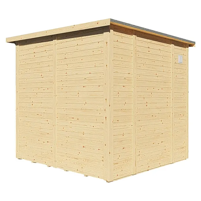 Bertilo Gerätehaus Pentus 2 Lux - Außenmaß inkl. Dachüberstand (B x T): 247 x 265 cm, Holz, Natur - Ansicht eines Holzschuppens mit horizontalen Holzpaneelen und einem Flachdach auf einem dunklen Hintergrund.