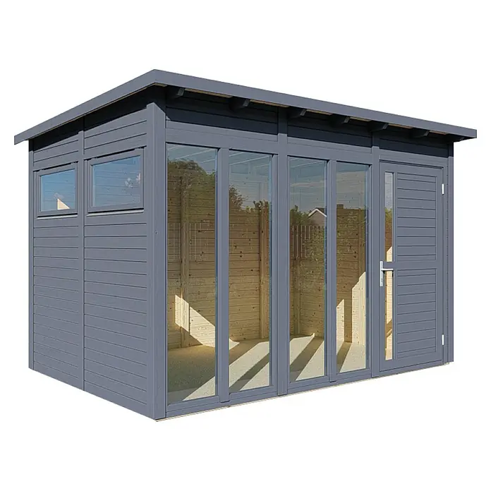 Bertilo Gartenhaus Pentus 3 Office - Außenmaß inkl. Dachüberstand (B x T): 359 x 265 cm, Holz, Anthrazit - Moderne graue Gartenlaube mit großen Glasfenstern und einer Tür. Ideal als stilvoller Rückzugsort im Garten.