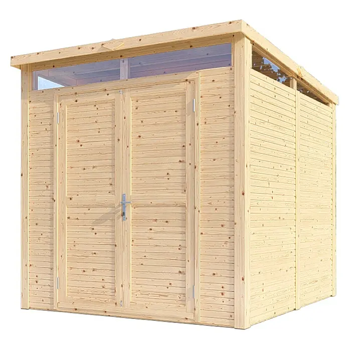 Bertilo Gerätehaus Woodline - Außenmaß inkl. Dachüberstand (B x T): 226 x 240 cm, Holz, Natur - Holzschuppen mit Doppeltür und Oberlicht für Gartenwerkzeuge und Geräte. Der Schuppen ist aus hellem Holz gefertigt und bietet Stauraum.