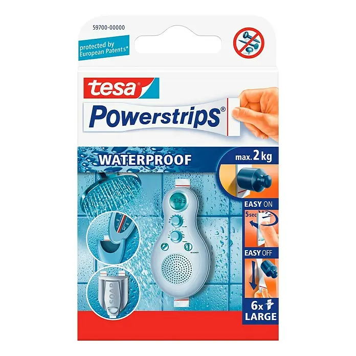 Tesa Powerstrips Waterproof Selbstklebestrip - 6 Stk. - Tesa Powerstrips Waterproof: Wasserdichte Klebestreifen für Bad und Dusche, halten bis zu 2 kg und sind einfach anzubringen und zu entfernen.