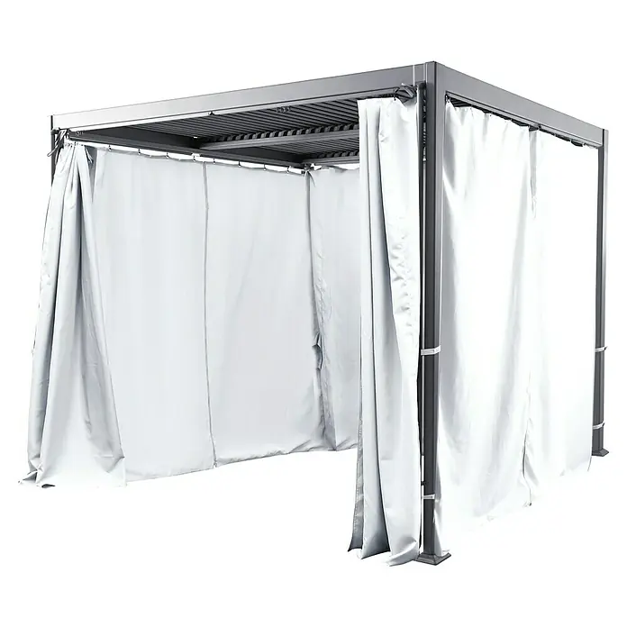 Sunfun Cannes Pavillon-Seitenwände - Weiß, Komplett-Set für Sunfun Pavillon Cannes 3 x 3 m - Ein silberner Pavillon mit weißen Vorhängen, ideal für den Garten. Er bietet Schutz vor Sonne und neugierigen Blicken.
