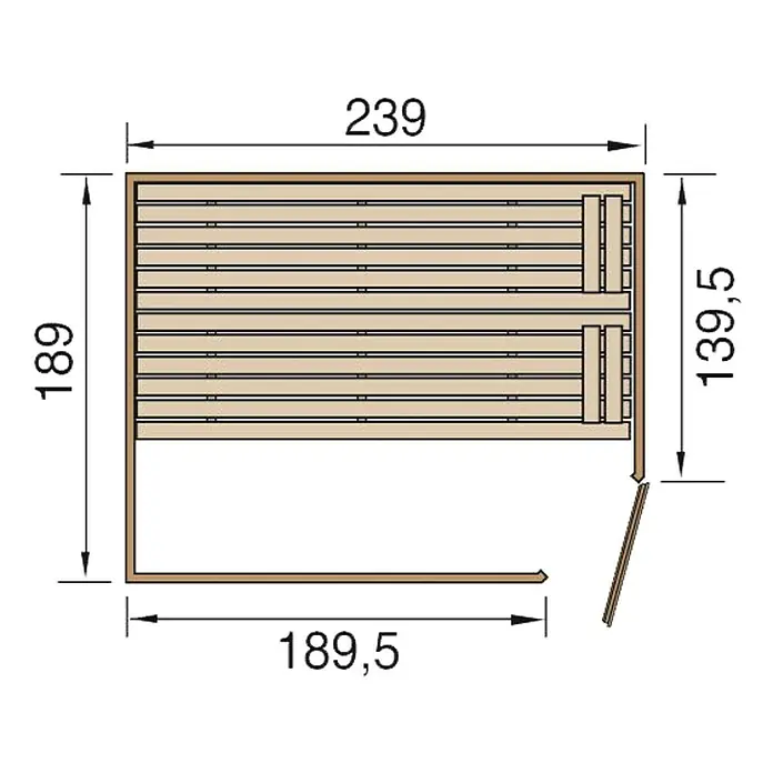 Weka Massivholzsauna Valida 4 GT - L x B x H: 189 x 239 x 203,5 cm - Grundriss des Gartenhauses mit den Maßen 233 cm x 188,5 cm und einer Höhe von 188,1 cm.