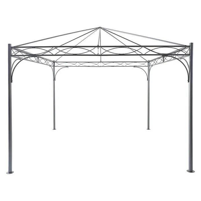 Sunfun Menorca Pavillondach - Beige, Für Sunfun Pavillon Menorca 3,5x3,5 - Bild eines filigranen, grauen Pavillons mit dekorativen Elementen und stabilen Stützpfeilern auf schwarzem Hintergrund.