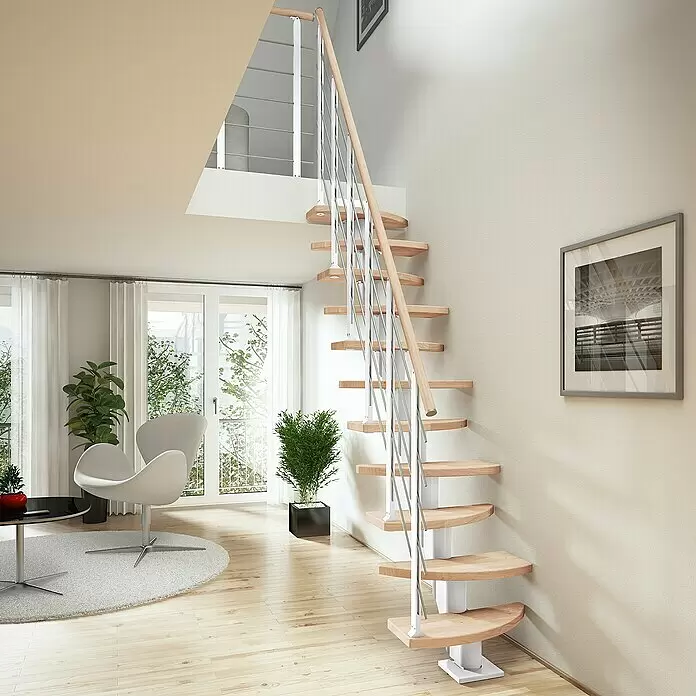 Dolle Mittelholmtreppe Berlin - Breite: 64 cm, Variabel, Verkehrsweiß, Farbe Stufen: Eiche Weiß, Geschosshöhe: 240 cm - 292 cm - Stimmungsaufnahme