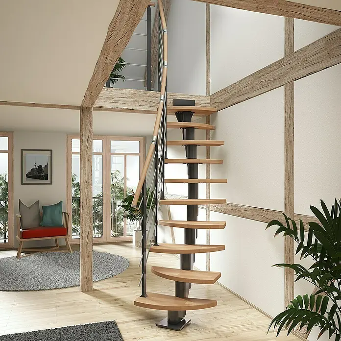 Dolle Mittelholmtreppe BerlinBreite: 64 cm, Variabel, Anthrazitgrau, Farbe Stufen: Buche Natur, Geschosshöhe: 259 cm - 315 cm - Die Spindeltreppe aus Holz und Metall fügt sich nahtlos in das moderne Interieur ein und bietet eine elegante Lösung für kleine Räume.