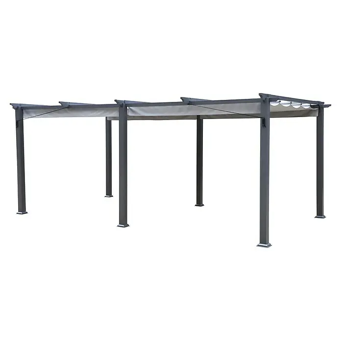 Sunfun Raffpavillon Kreta - B x T: 596 x 333 cm, Farbe Dach: Hellgrau - Bild eines modernen Pavillons mit schiebbarer Stoffabdeckung, ideal für Schatten und stilvolles Design im Garten.