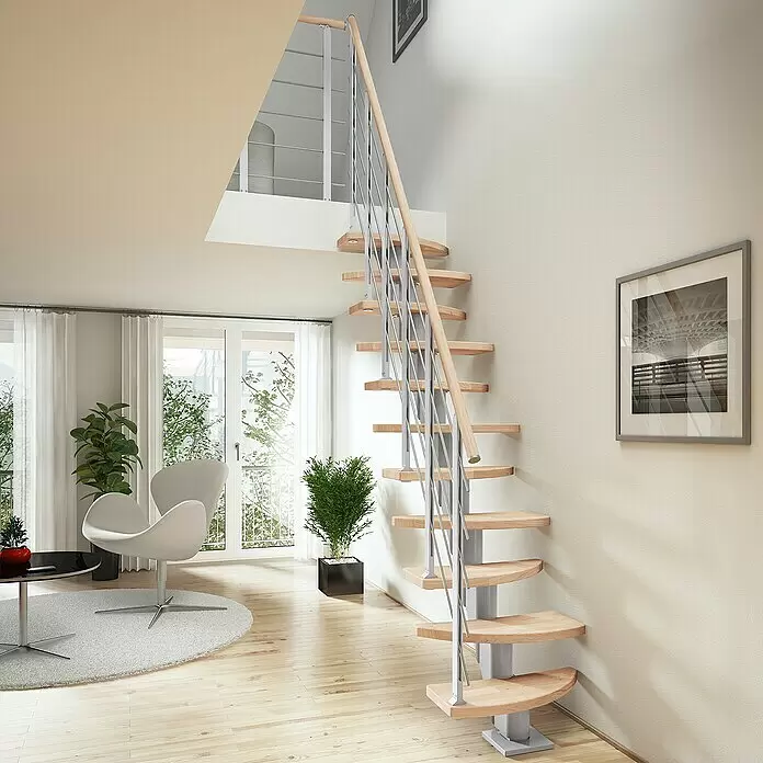 Dolle Mittelholmtreppe Berlin - Breite: 64 cm, Variabel, Perlgrau, Farbe Stufen: Eiche Weiß, Geschosshöhe: 259 cm - 315 cm - Stimmungsaufnahme